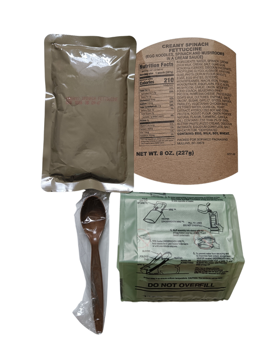 US MRE hlavní jídlo+lžíce+chemický ohřívač - jídlo s názvem Creamy spinach fettuccine
