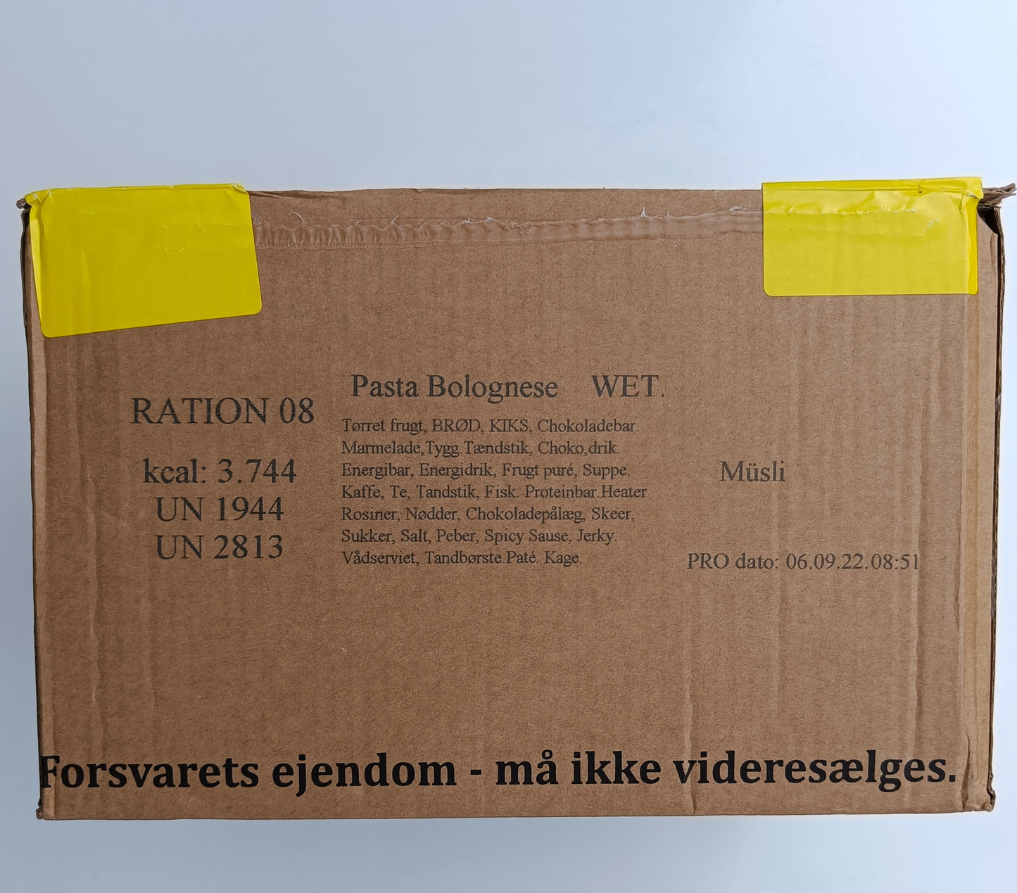 Krabice dánského MRE, přední strana, menu 8