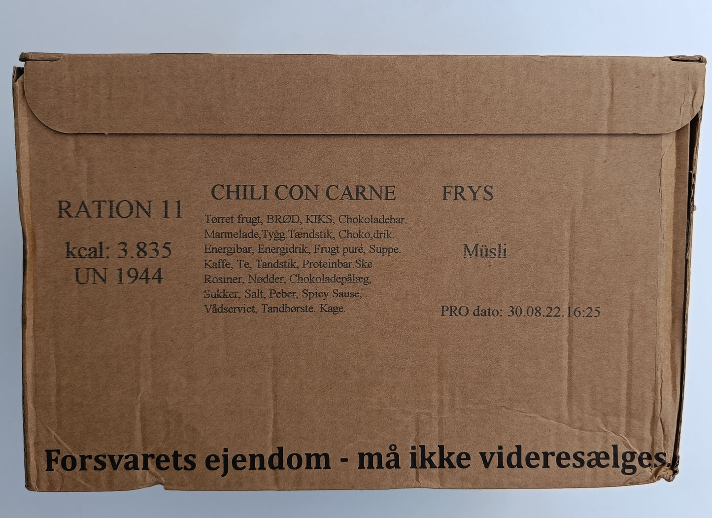 Krabice dánského MRE, přední strana, menu 11