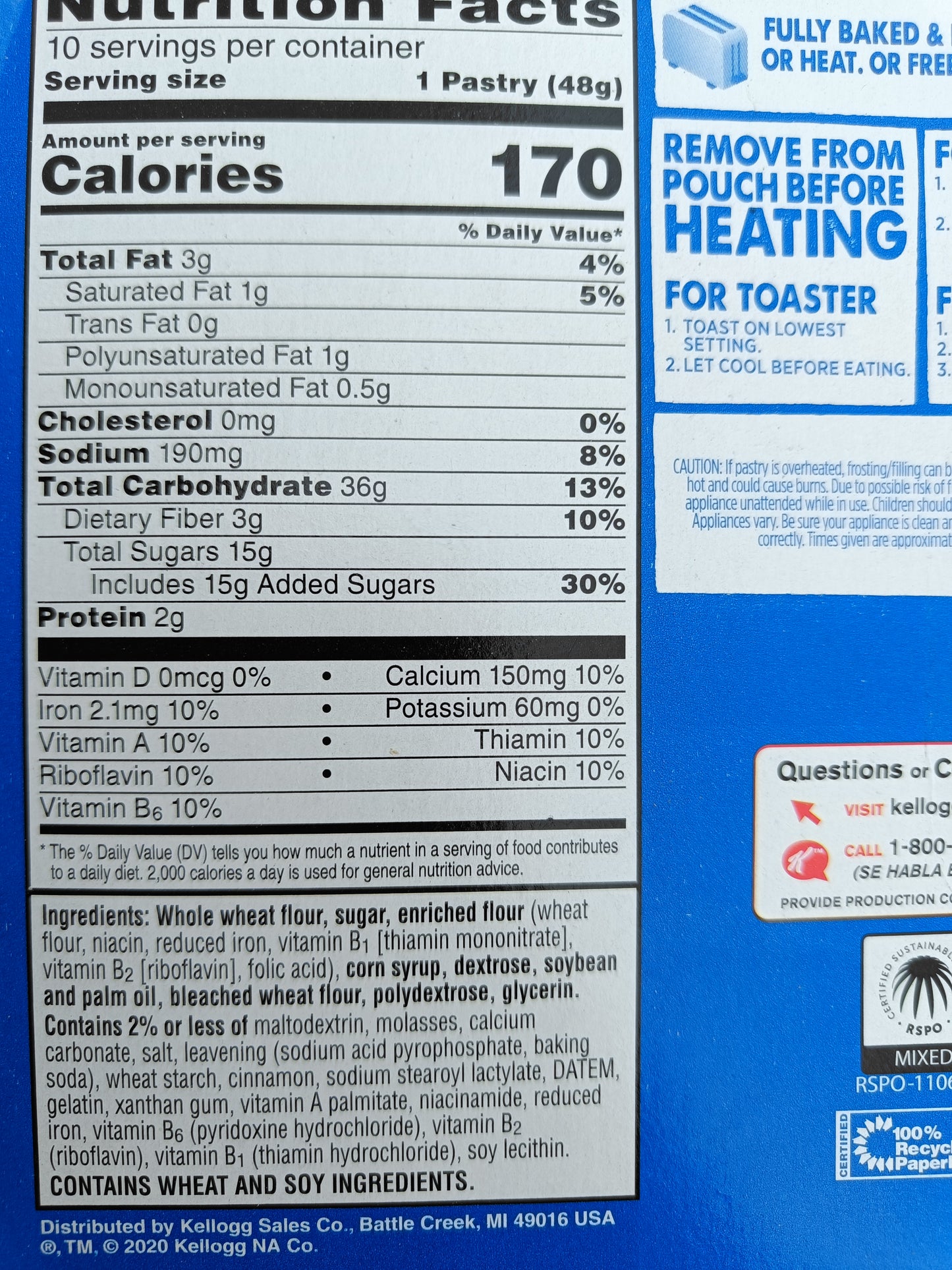 US Pop tart skořicový, zadní strana krabice s 10 ks s tabulkou nutričních hodnot