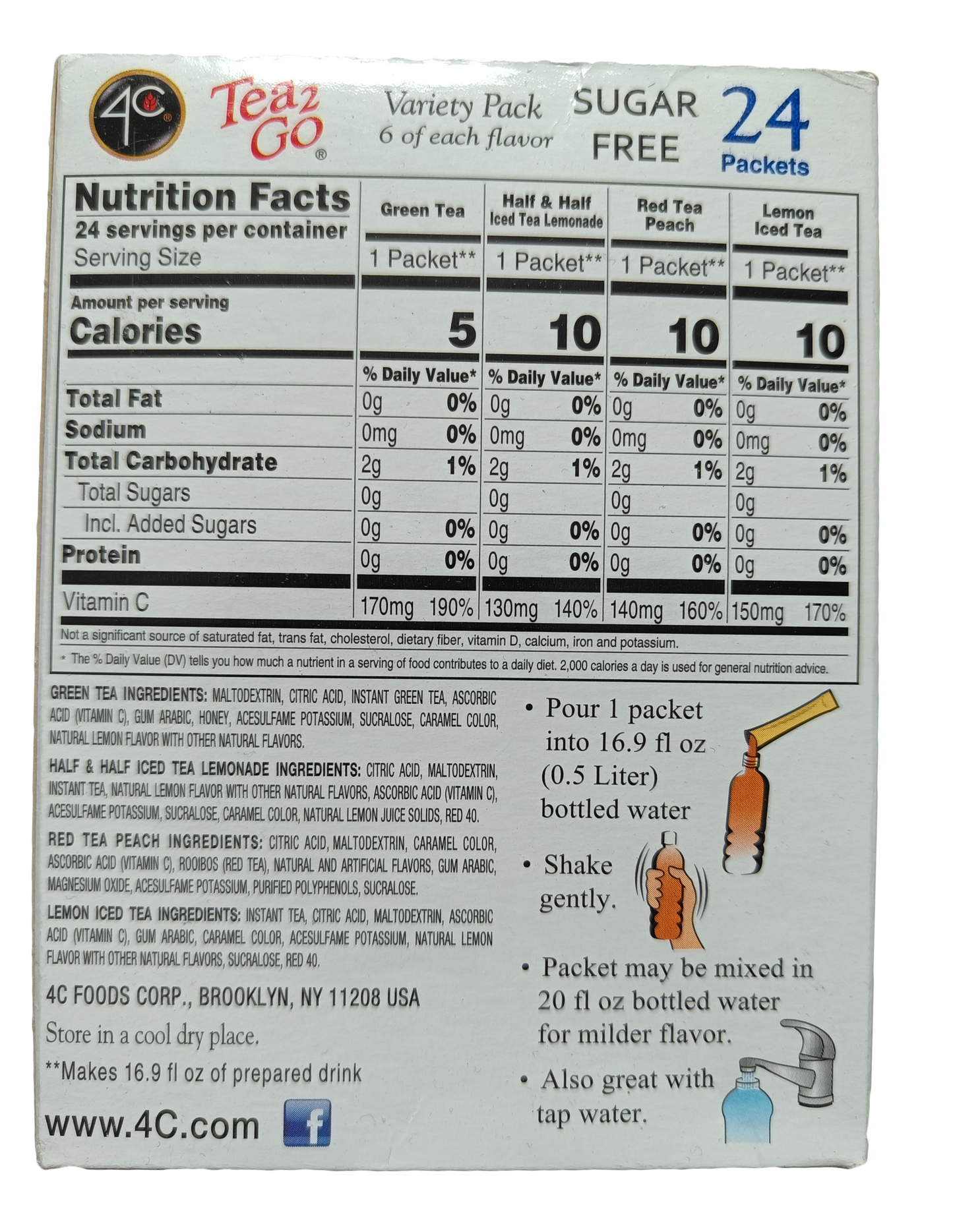 4C Stix Variety Pack zadní strana čajů s nutričními údaji 