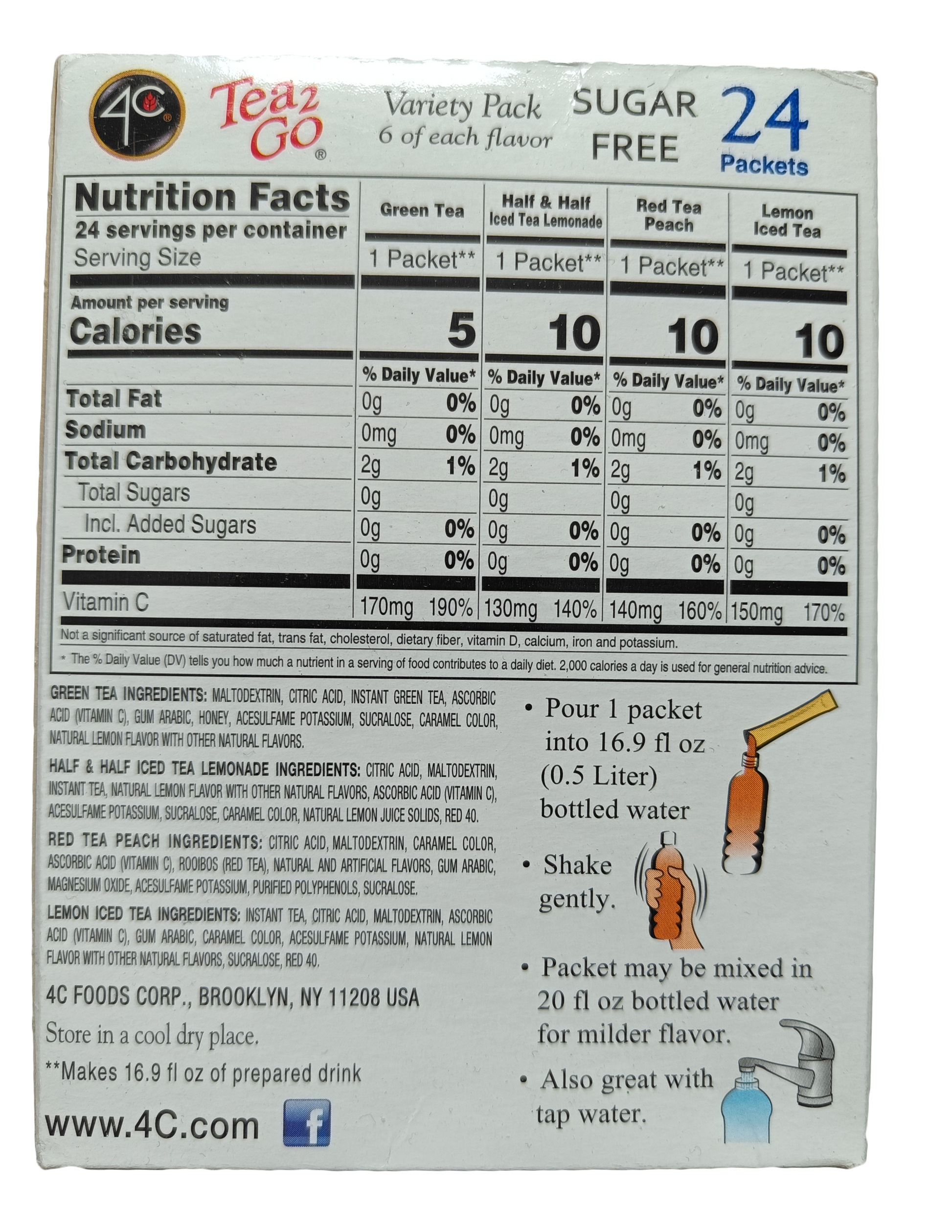 4C Stix Variety Pack zadní strana čajů s nutričními údaji 