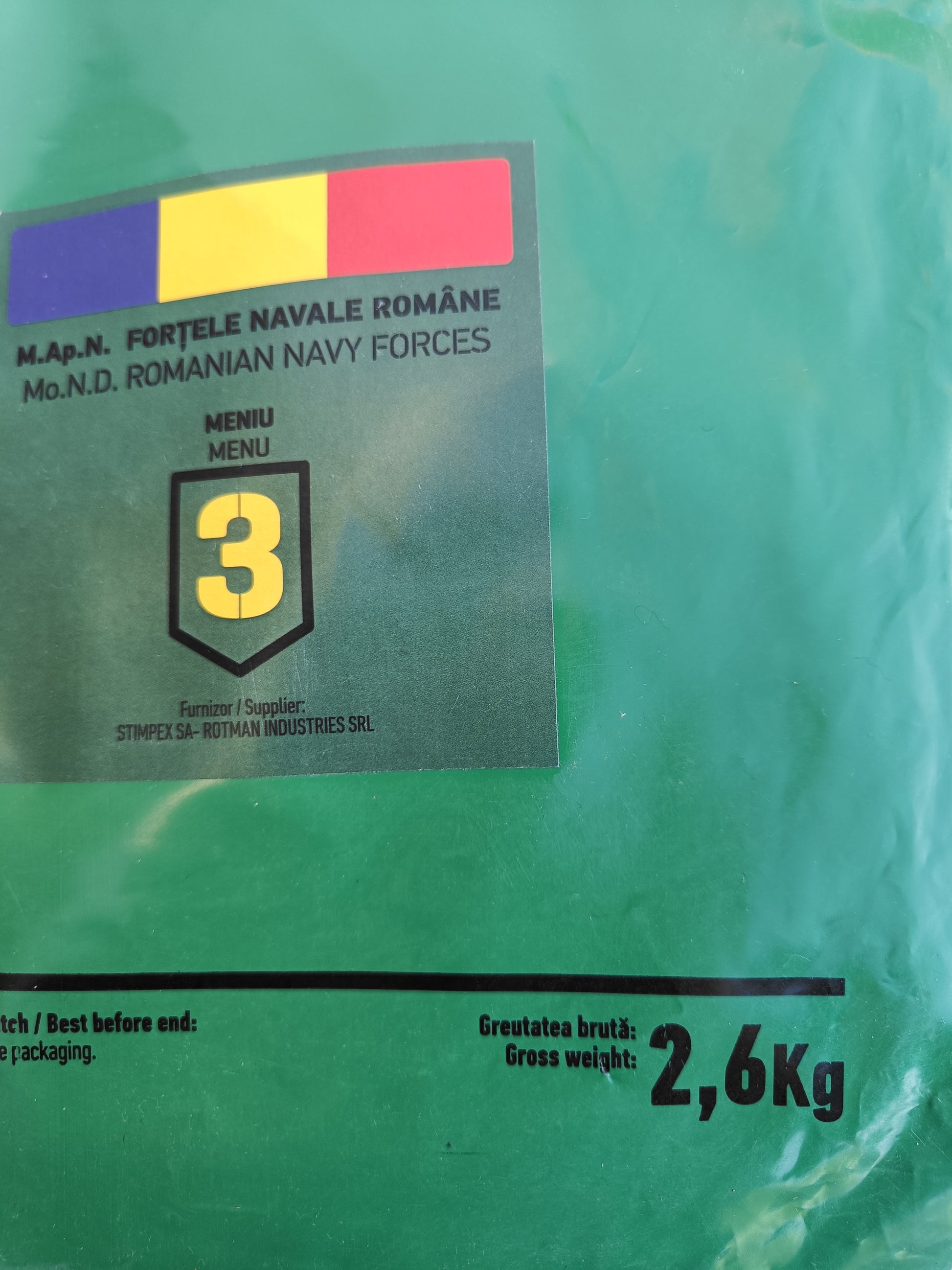 Rumunské námořní MRE menu 3 o váze 2.6kg