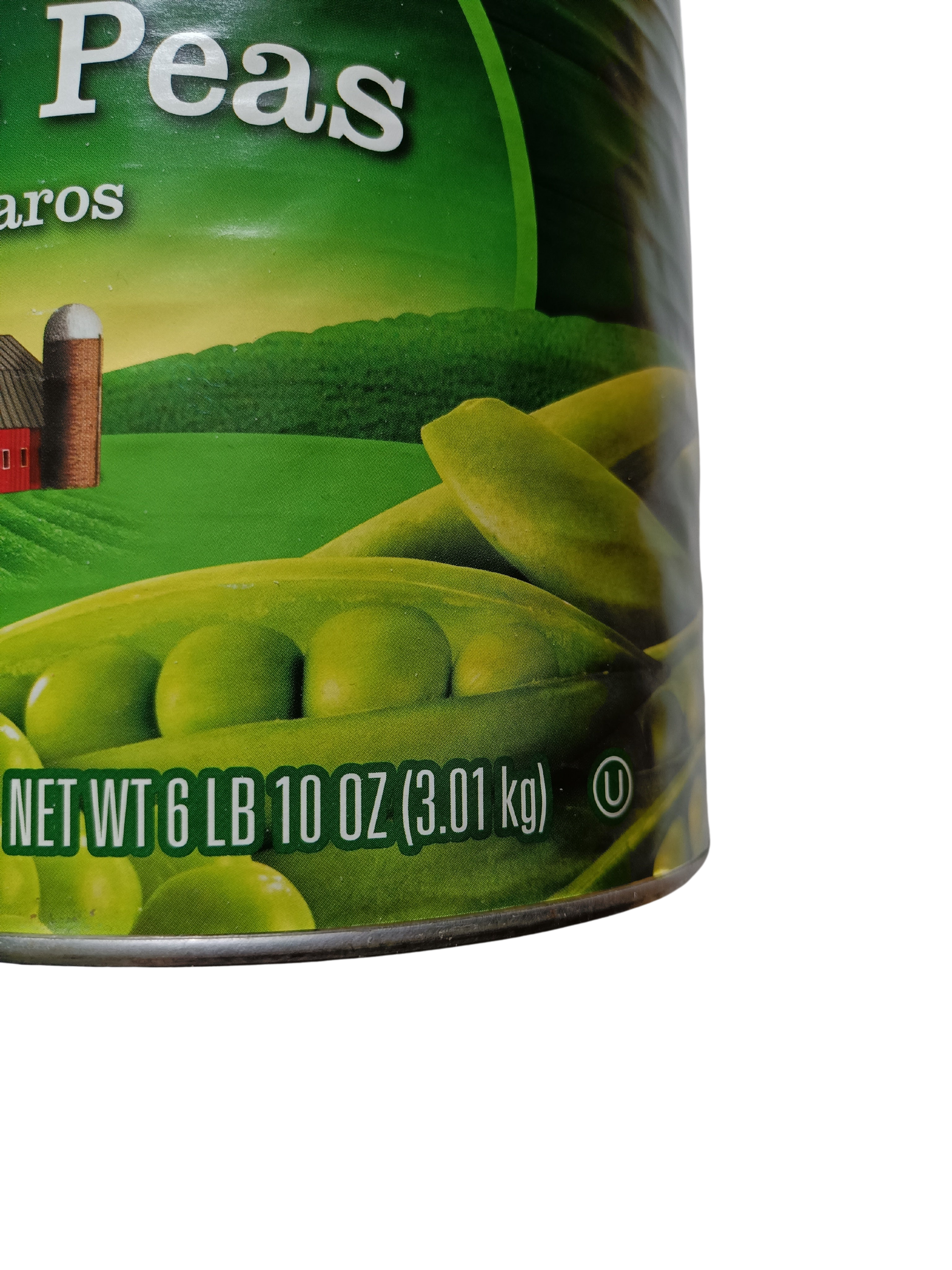 Velká konzerva 3 kg - hrášek, detail obalu s informací o hmotnosti obsahu