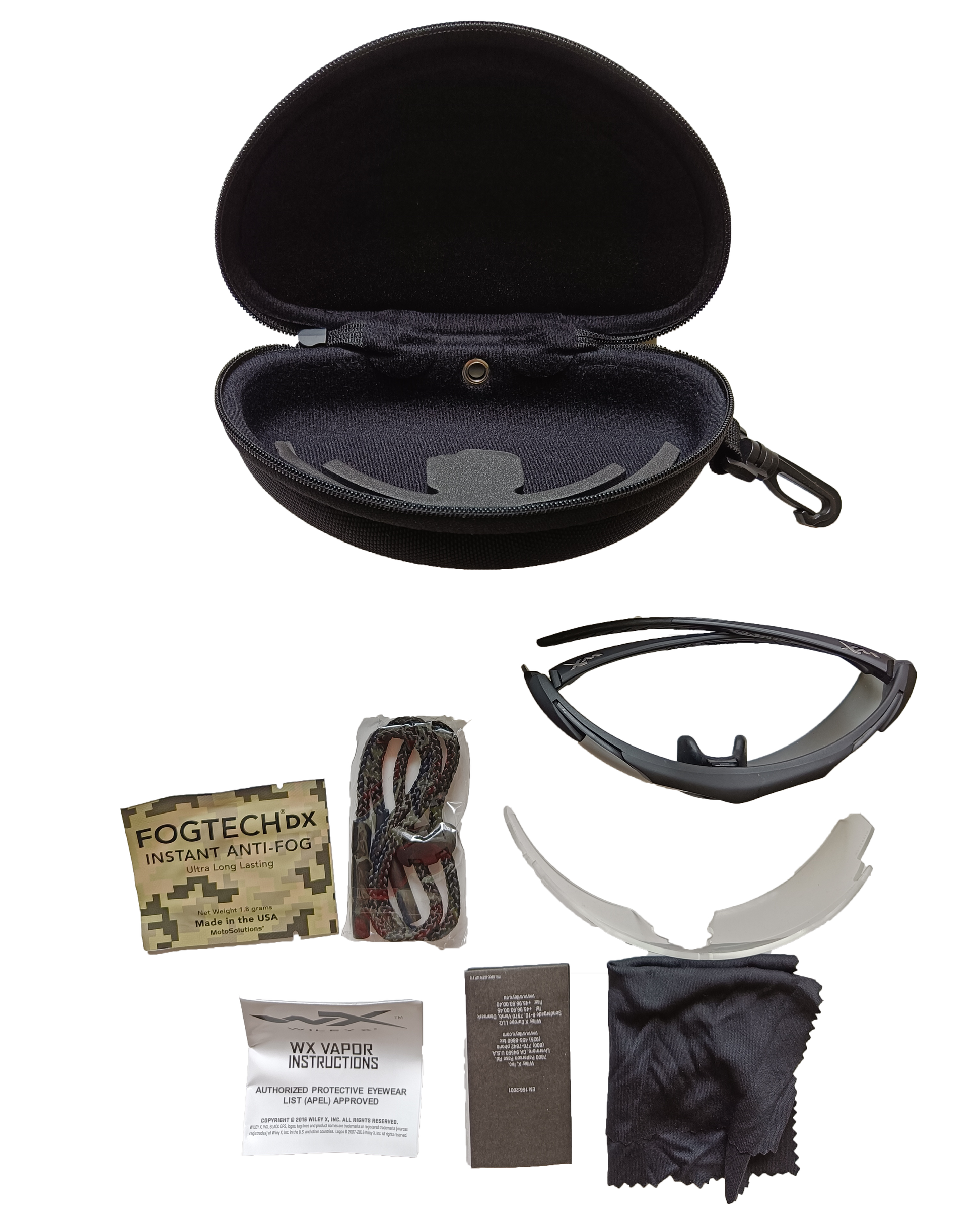 Wiley X VAPOR 2.5 – taktické sluneční brýle - vybalené veškeré příslušenství k brýlím, i s pouzdrem a brýlemi