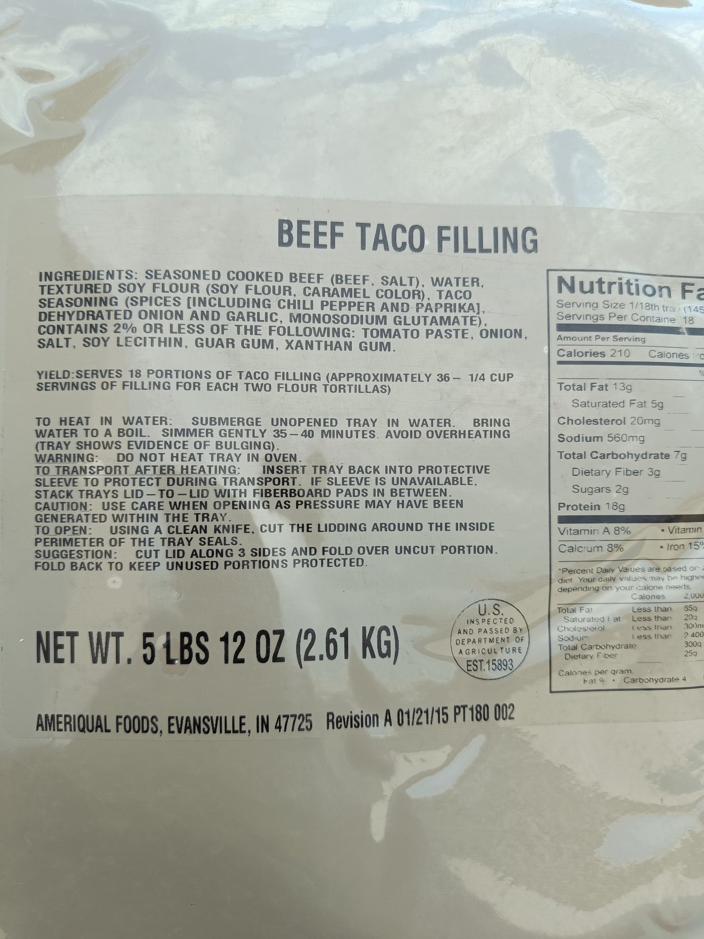 Pohled na informace na obalu balení US hlavní jídla - Beef taco filling