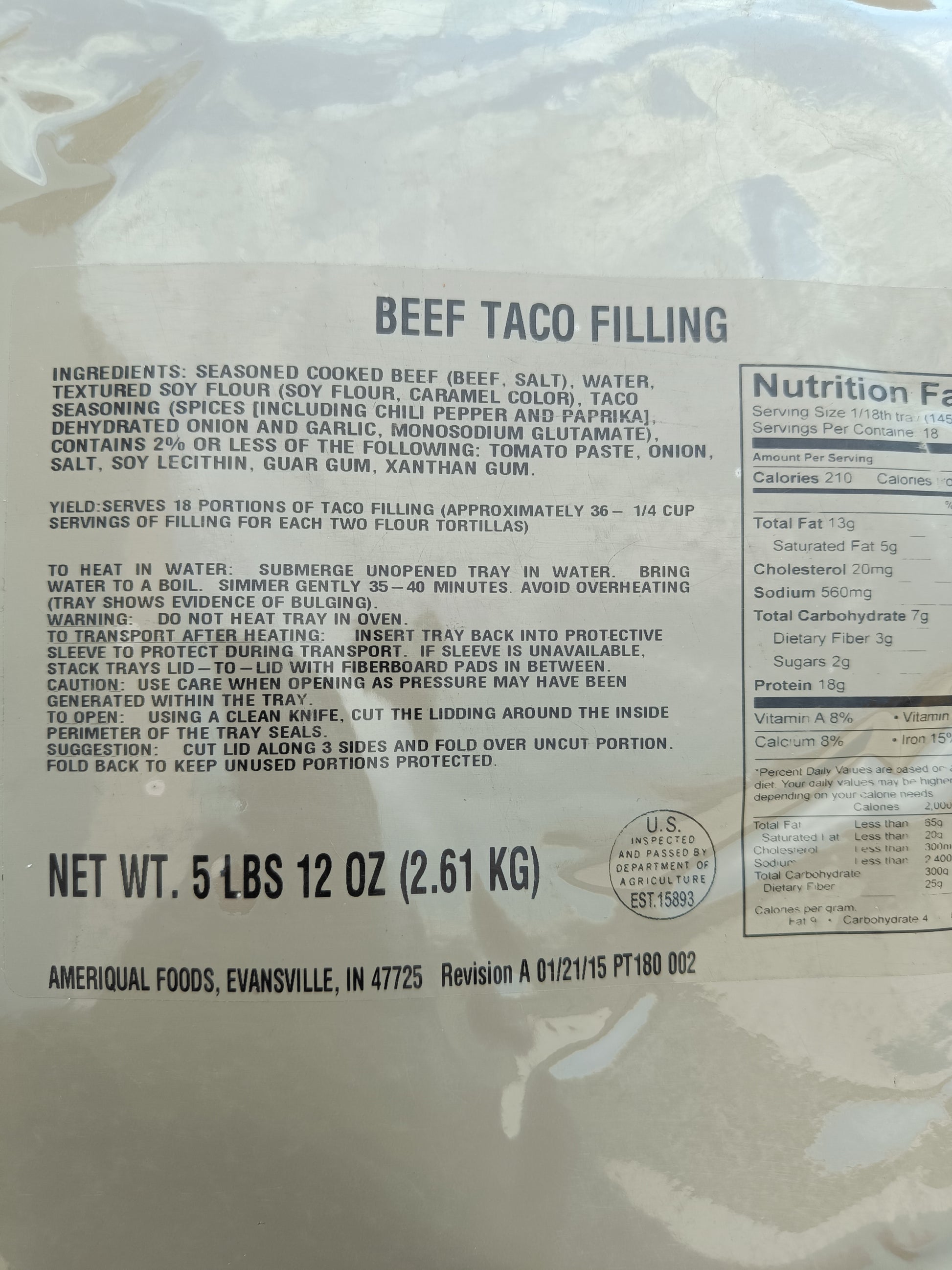 Pohled na informace na obalu balení US hlavní jídla - Beef taco filling