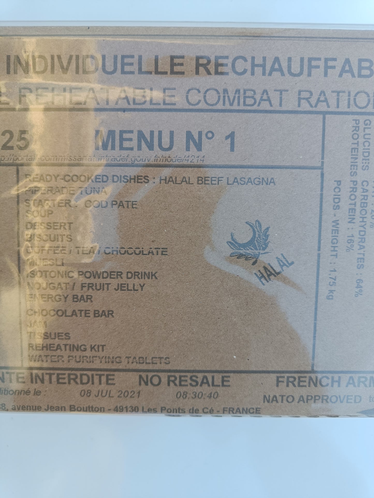 Štítek s obsahem balení francouzského MRE (RCIR) Halal, menu 1