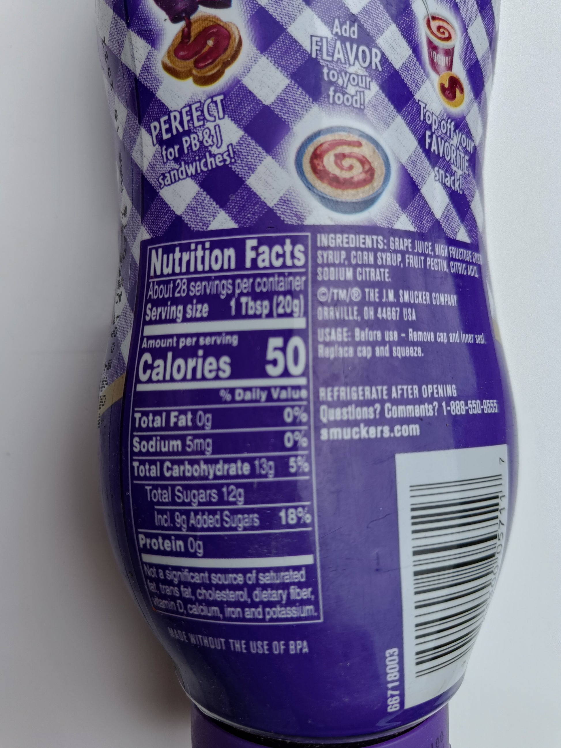 Tabulka nutričních odnot na balení US marmelády hroznové