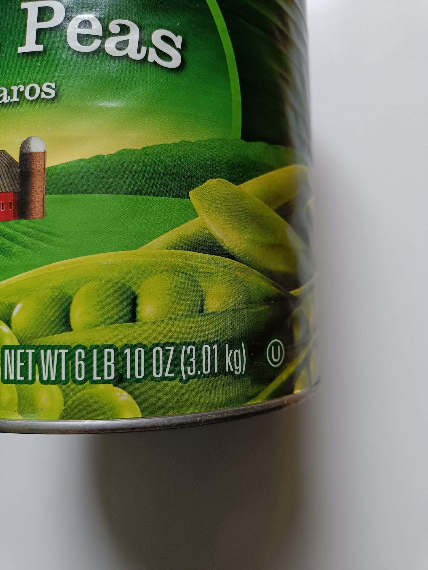 Velká konzerva 3 kg - hrášek, detail obalu s informací o hmotnosti obsahu